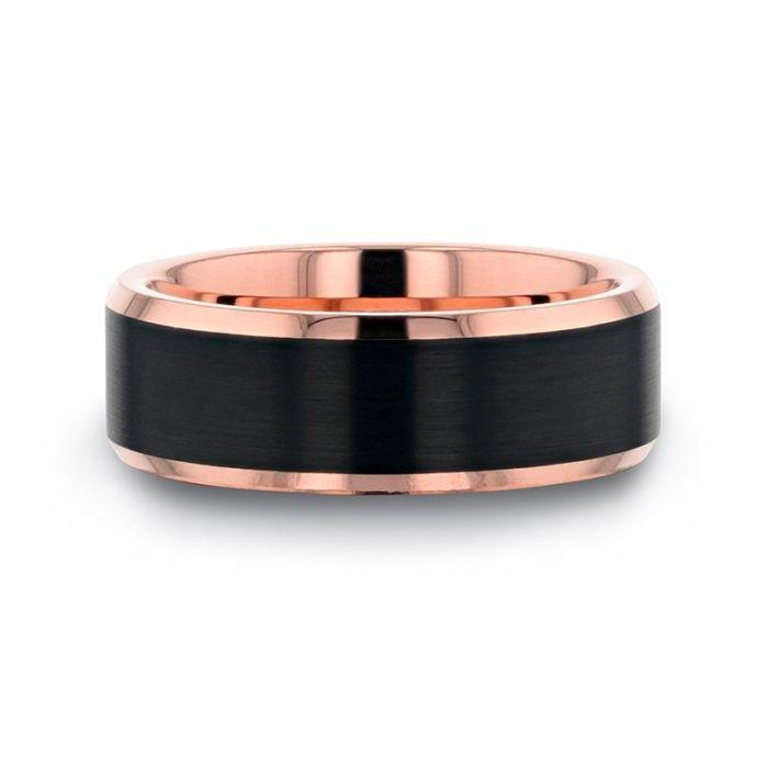 HAYDEN Rose Gold Plated Tungsten Polished Beveled Ring with Brushed Black Center - 6mm & 8mm