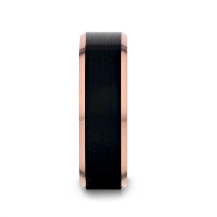 HAYDEN Rose Gold Plated Tungsten Polished Beveled Ring with Brushed Black Center - 6mm & 8mm
