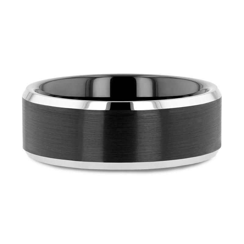ARDEN Beveled Edged Tungsten Ring with Brushed Finish Black Ceramic Center - 6mm or 8mm
