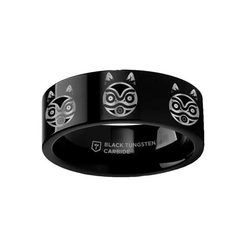 Engraved Princess Mononoke San Mask Black Tungsten Ring Flat Polished Finish - 4mm - 12mm