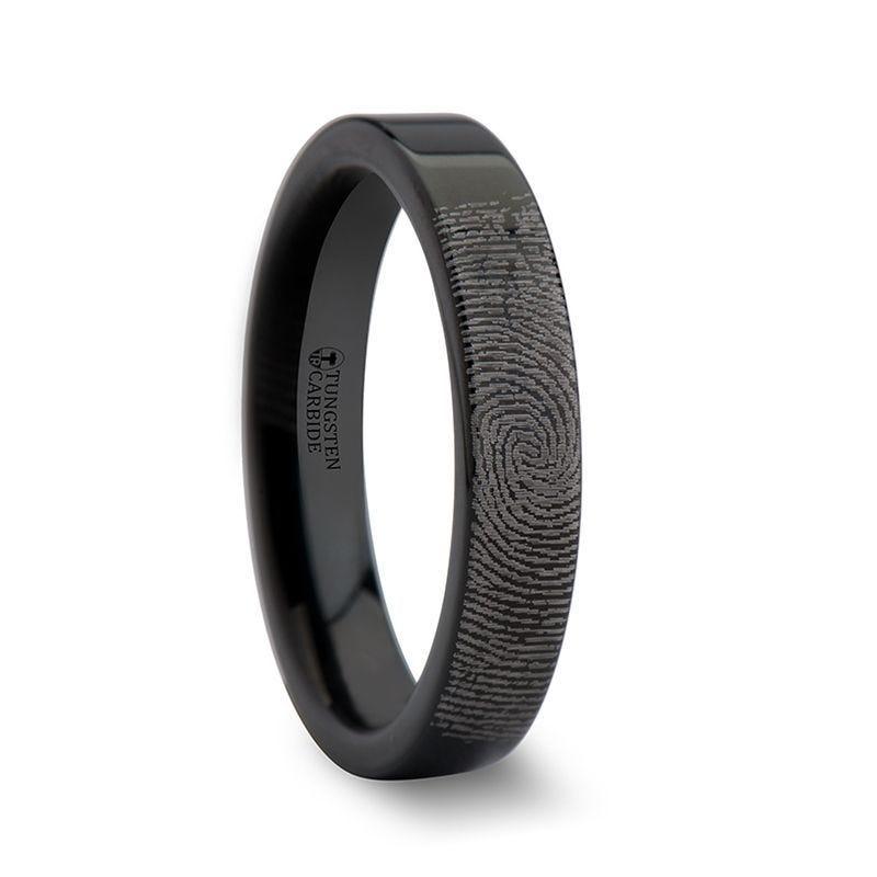 Fingerprint Engraved Flat Pipe Cut Black Tungsten Ring Polished - Morpheus - 4mm - 12mm