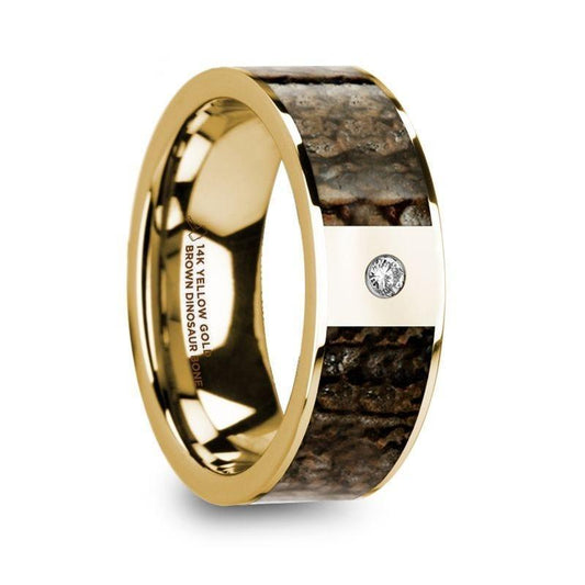 PHILANDROS Polished 14k Yellow Gold with Brown Dinosaur Bone Inlay Men’s Wedding Band with Diamond - 8mm