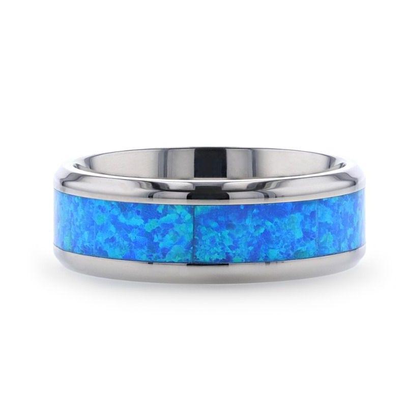 GALAXY Titanium Polished Beveled Edge with Blue Green Opal Inlay - 8mm