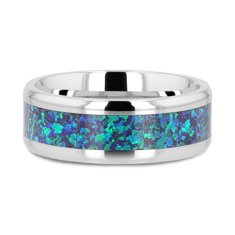 ANDROMEDA Titanium Polished Beveled Edge with Blue Green Opal Inlay - 8mm