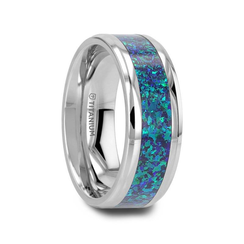 ANDROMEDA Titanium Polished Beveled Edge with Blue Green Opal Inlay - 8mm