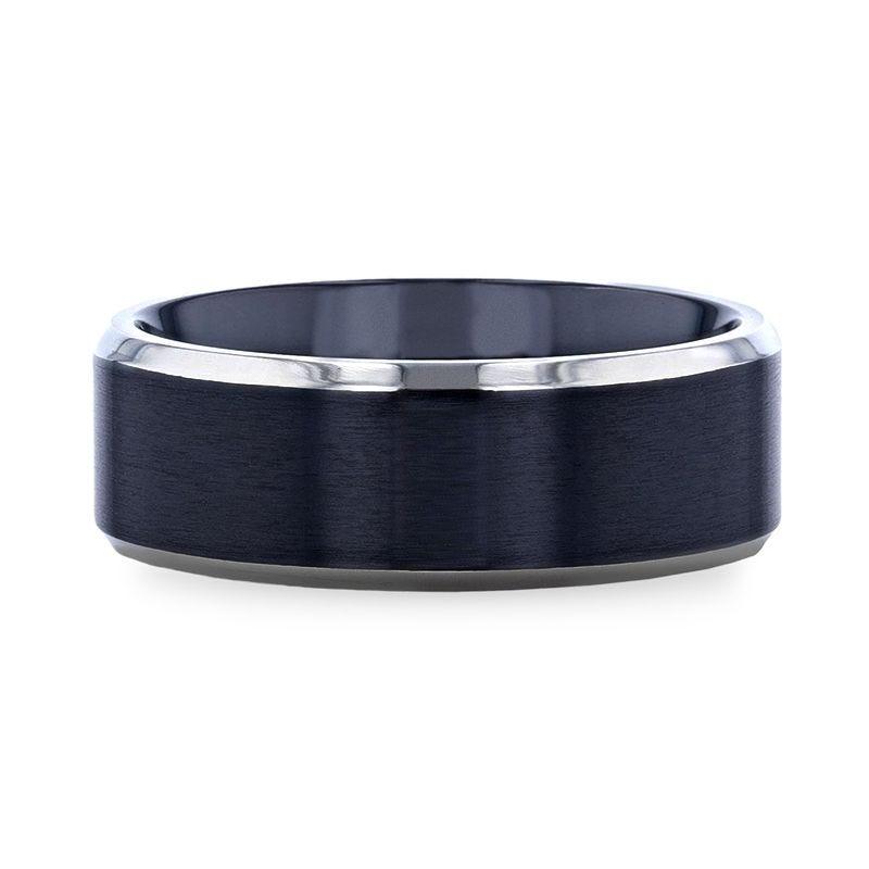 ATNOS Brushed Black Center Polished Beveled Edges Men’s Titanium Wedding Ring - 6mm & 8mm