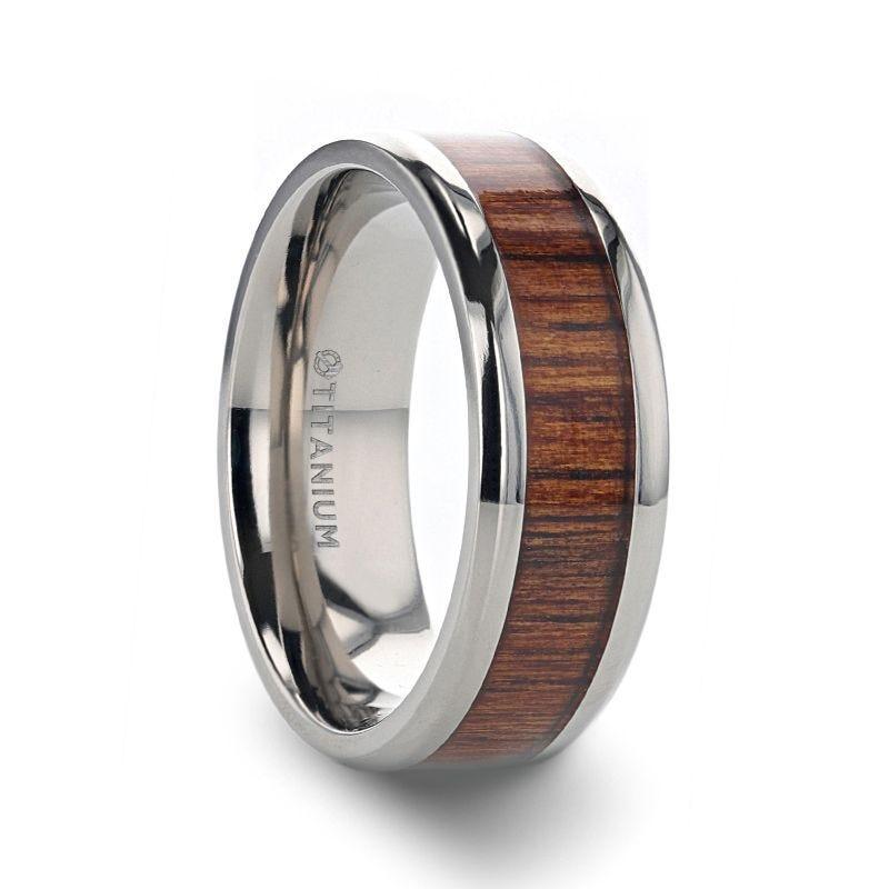 KOAN Titanium Polished Finish Koa Wood Inlaid Men’s Wedding Ring with Beveled Edges - 6mm & 8mm