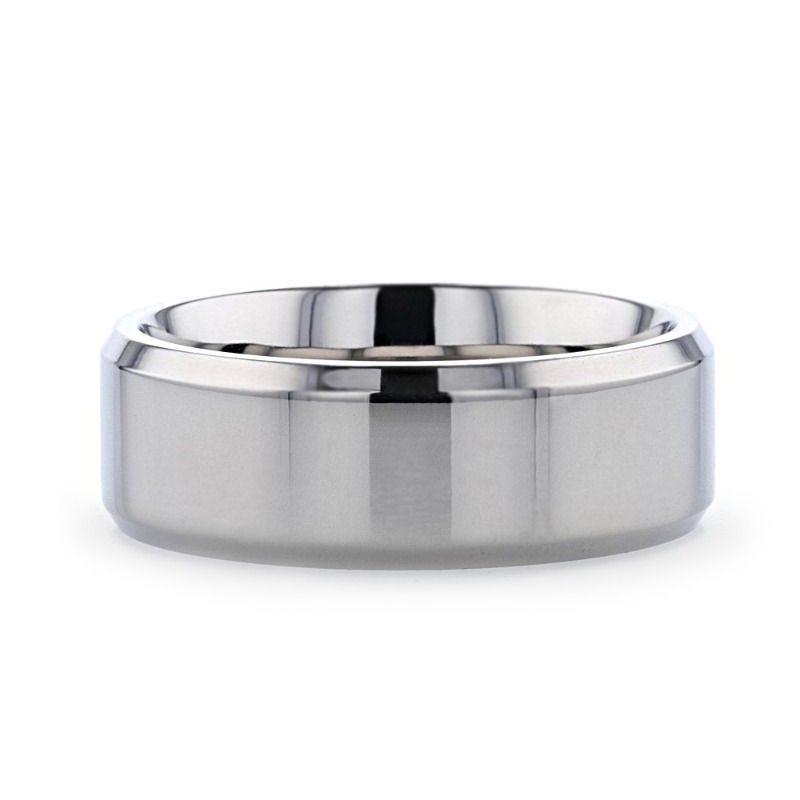 CORONAL Men’s Polished Finish Beveled Edges Titanium Wedding Ring with Raised Center - 6mm & 8mm