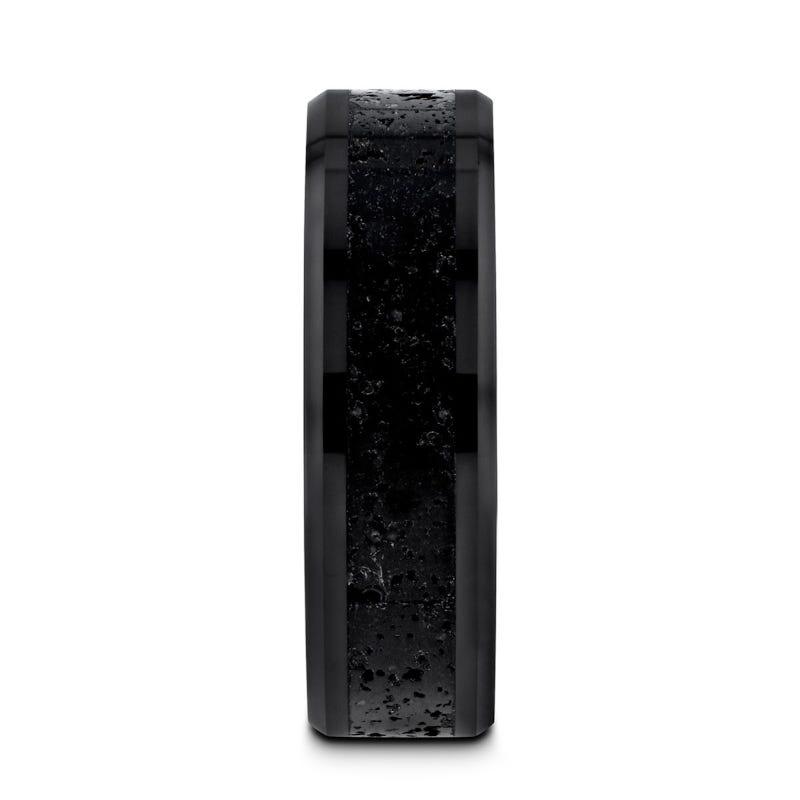 VESUVIUS Men’s Polished Black Ceramic Wedding Band with Black & Gray Lava Rock Stone Inlay & Polished Beveled Edges - 6mm & 8mm