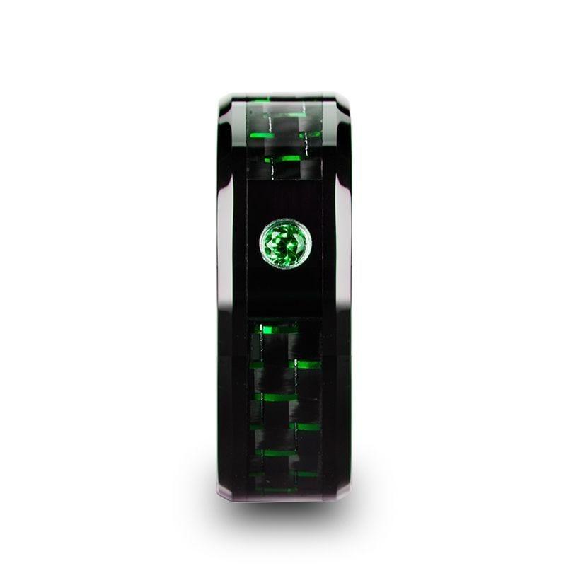 HADAR Black Ceramic Ring with Black and Green Carbon Fiber and Green Emerald Setting - 8mm