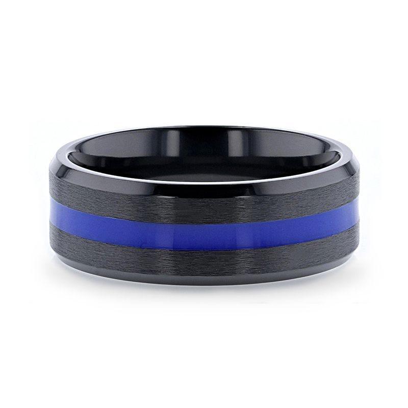 DECLAN Men’s Beveled Black Ceramic Brushed Finish Wedding Band with Polished Blue Stripe - 8mm