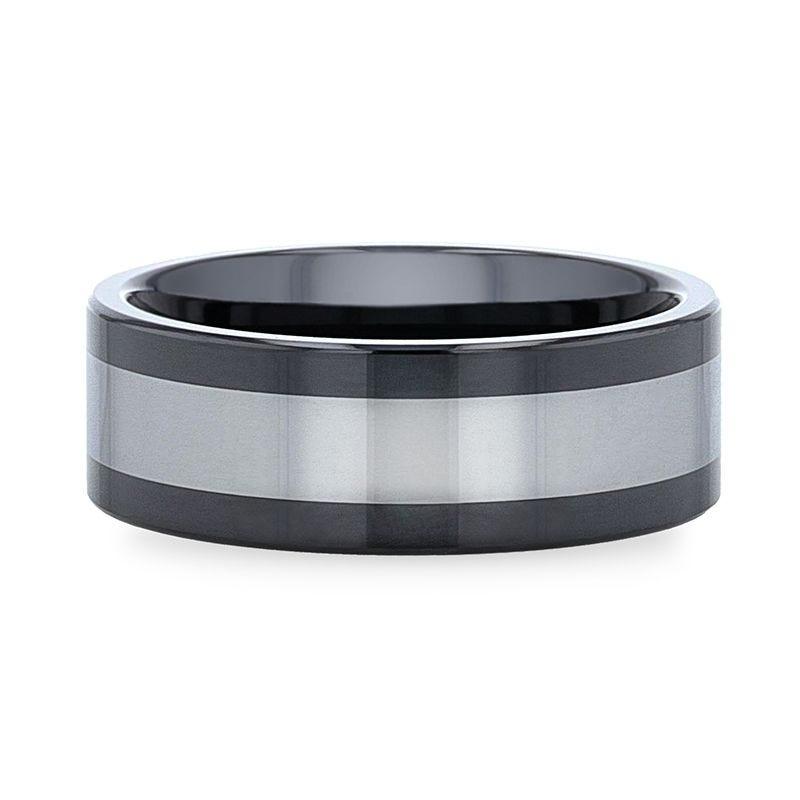 HUSKEY Ceramic ring with Tungsten Inlay Wedding Band With Flat Polished Edges - 8mm