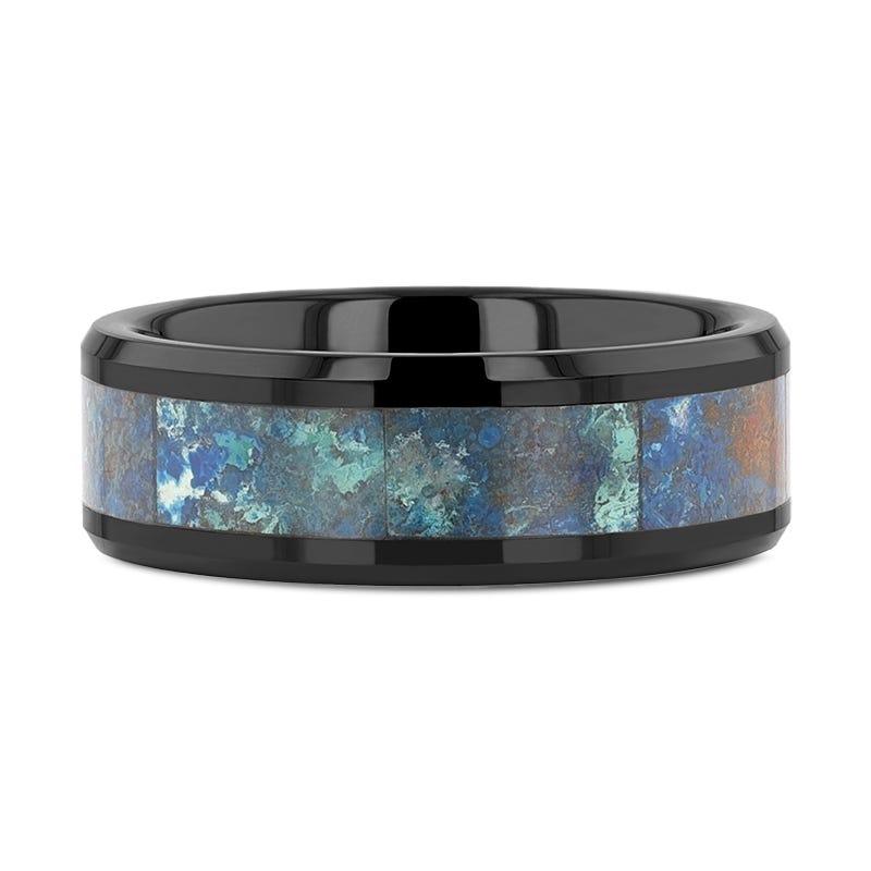 CELADON Black Beveled Ceramic Wedding Band with Polished Chrysocolla Inlay - 8mm