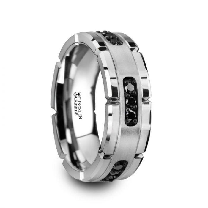 VALOR Grooved Tungsten Ring with Silver Inlay & Black Diamonds - 8mm