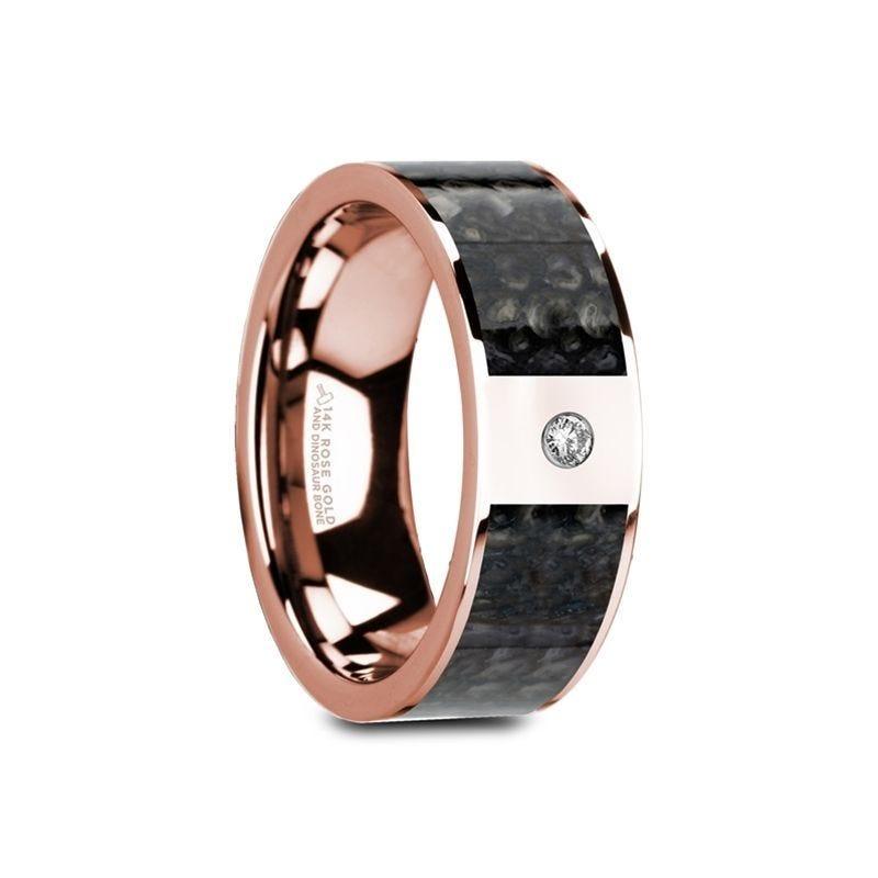 GALESI Flat 14K Rose Gold with Blue Dinosaur Bone Inlay & White Diamond Setting - 8mm