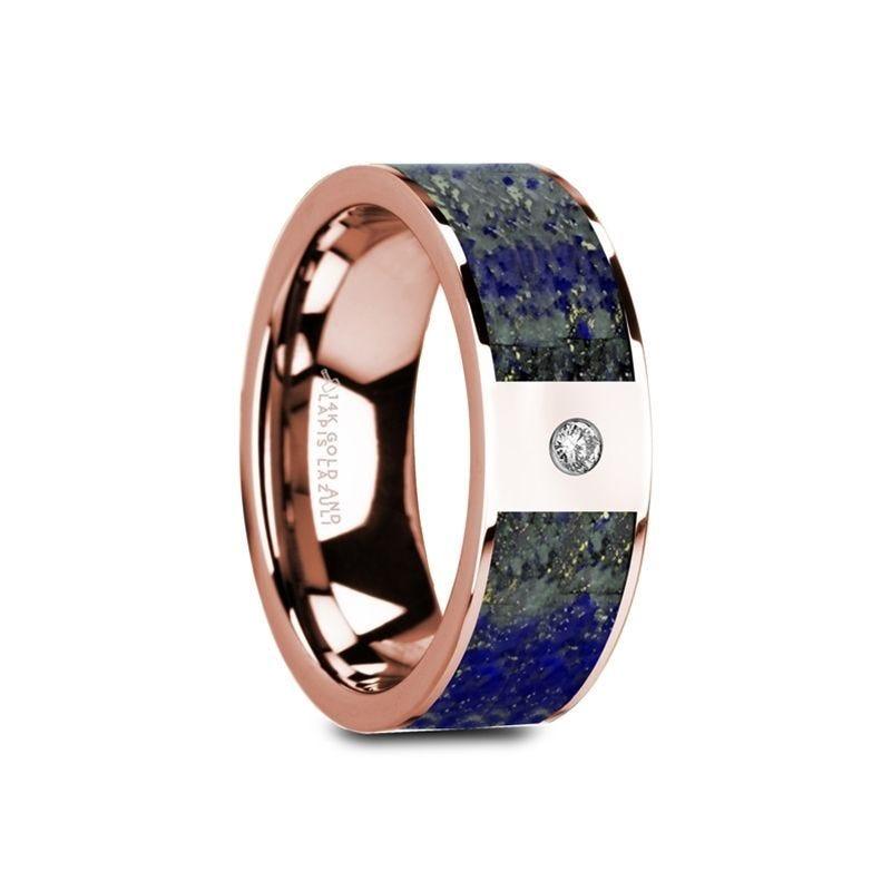 GALLUS Flat 14K Rose Gold with Blue Lapis Lazuli Inlay & White Diamond Setting - 8mm