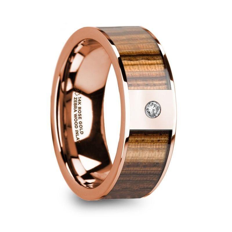 GLAUCUS Flat 14K Rose Gold with Zebra Wood Inlay & White Diamond Setting - 8mm