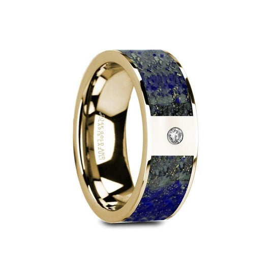 GENE Flat 14K Yellow Gold with Blue Lapis Lazuli Inlay & White Diamond Setting - 8mm