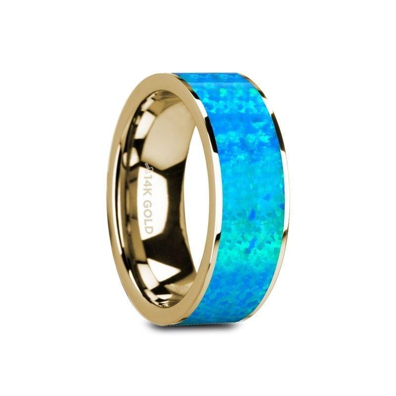 GANYMEDE Flat 14K Yellow Gold with Blue Opal Inlay and Polished Edges - 8mm