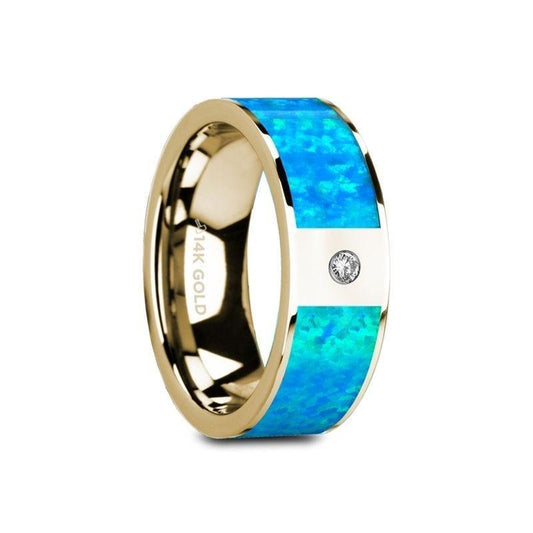 GELASIA Flat 14K Yelloiw Gold with Blue Opal Inlay & White Diamond Setting - 8mm