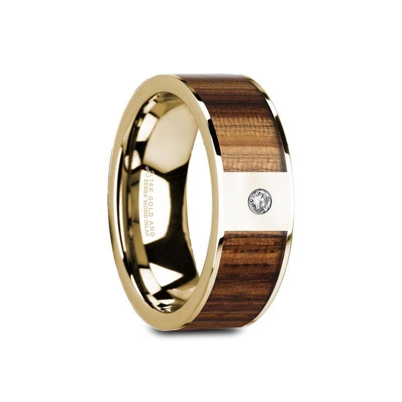 GAEA Flat 14K Yellow Gold with Zebra Wood Inlay & White Diamond Setting - 8mm