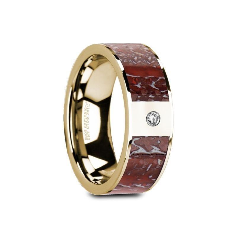 GAIA Flat 14K Yellow Gold with Red Dinosaur Bone Inlay & White Diamond Setting - 8mm