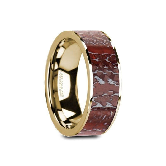 GAELAN Flat 14K Yellow Gold Polished Ring with Red Dinosaur Bone Inlay - 8mm