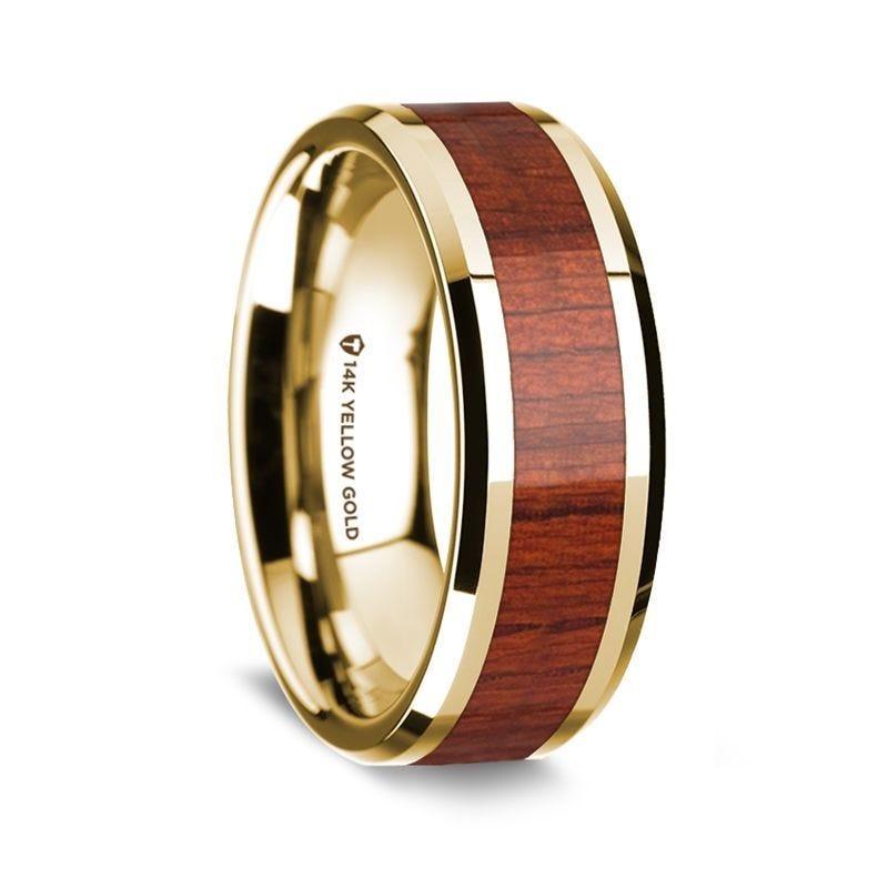 14K Yellow Gold Polished Beveled Edges Men's Wedding Band with Padauk Wood Inlay - 8 mm