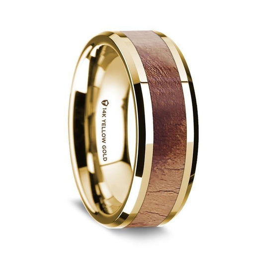 14K Yellow Gold Polished Beveled Edges Men's Wedding Band with Olive Wood Inlay - 8 mm