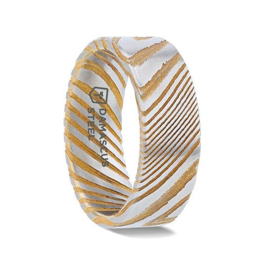 BISHOP Gold Color Flat Brushed Damascus Steel Men’s Wedding Band with Vivid Etched Design - 6mm & 8mm