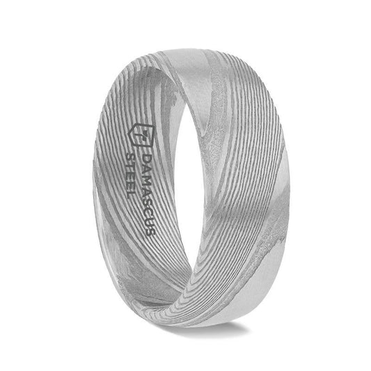 THEON Domed Brushed Damascus Steel Men’s Wedding Band with A Vivid Etched Design - 6mm & 8mm