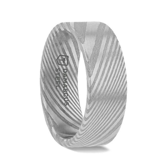 XANDER Grey Flat Brushed Damascus Steel Men’s Wedding Band with Vivid Etched Design - 6mm & 8mm