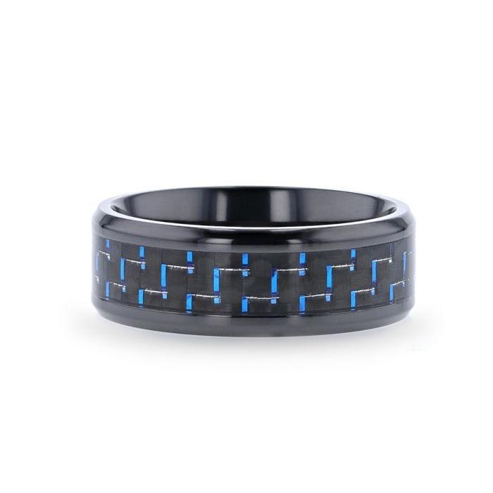 ZAYDEN Black Titanium Ring with Blue & Black Carbon Fiber Inlay and Bevels - 8mm