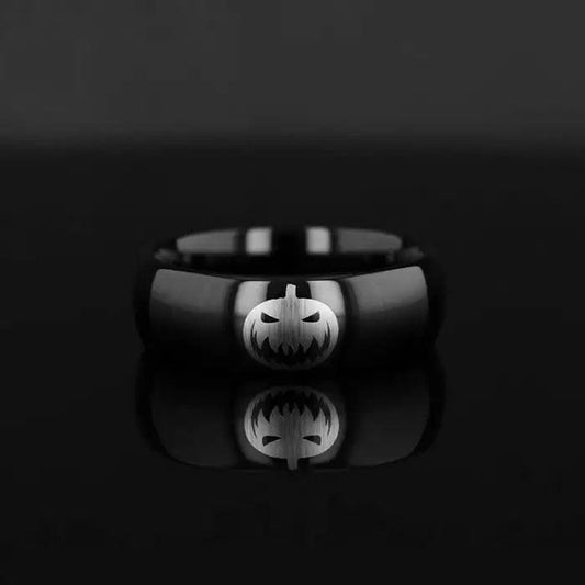 Spooky Evil Halloween Jack-O-Lantern Engraved Domed Black Tungsten Ring (Raven) - 4mm - 12mm