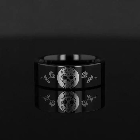 Day of the Dead Skull Engraved Print Flat Polished Black Tungsten Ring (Morpheus) - 4mm - 12mm