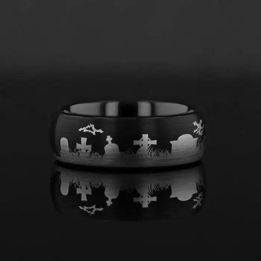 Graveyard Halloween Engraved Domed Black Tungsten Ring Brushed (Raider) - 4mm - 12mm