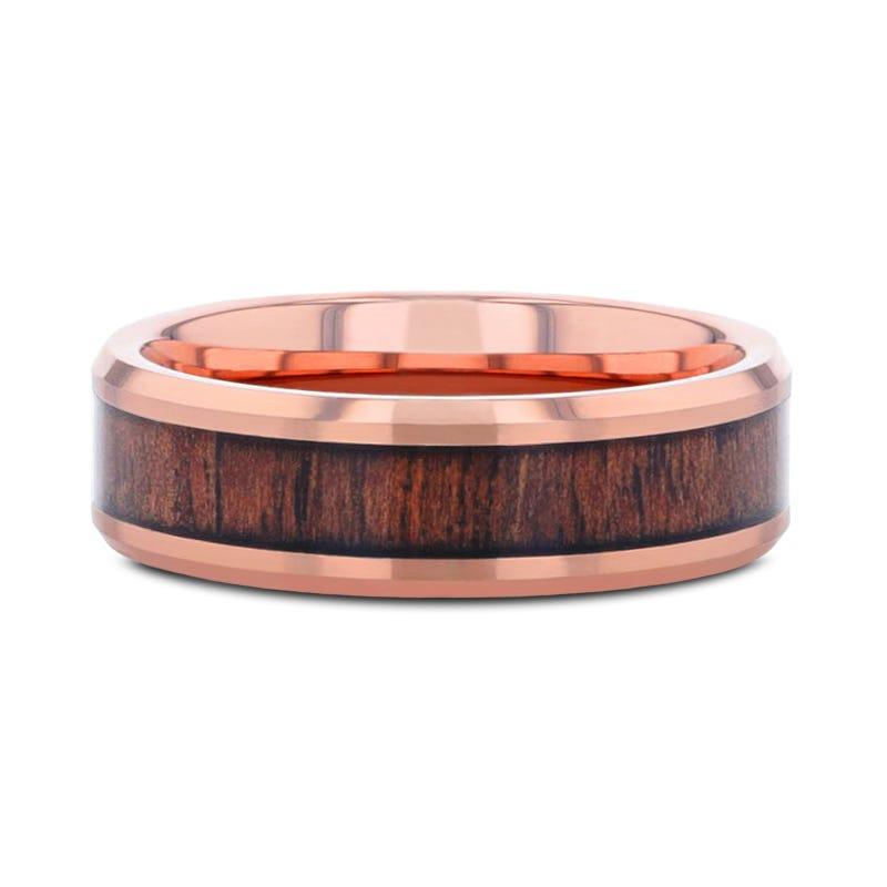 ALDER Rose Gold Plated Rose Wood Inlaid Tungsten Men's Wedding Band With Beveled Polished Edges - 8mm