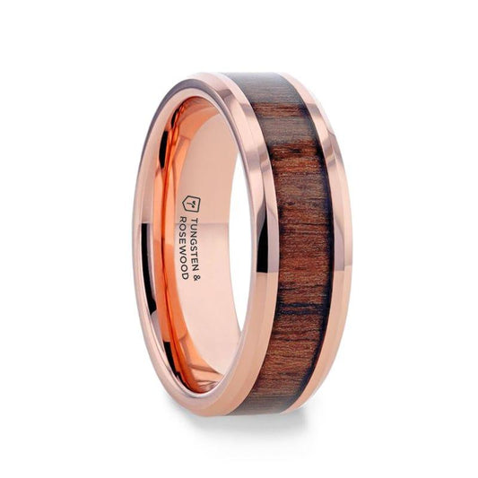 ALDER Rose Gold Plated Rose Wood Inlaid Tungsten Men's Wedding Band With Beveled Polished Edges - 8mm