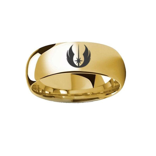 Polished Gold Plated Tungsten Domed Jedi Order Symbol Star Wars Engraved Ring - 8mm