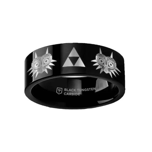 Legend of Zelda Majora Mask Triforce Black Tungsten Engraved Ring - 2mm - 12mm