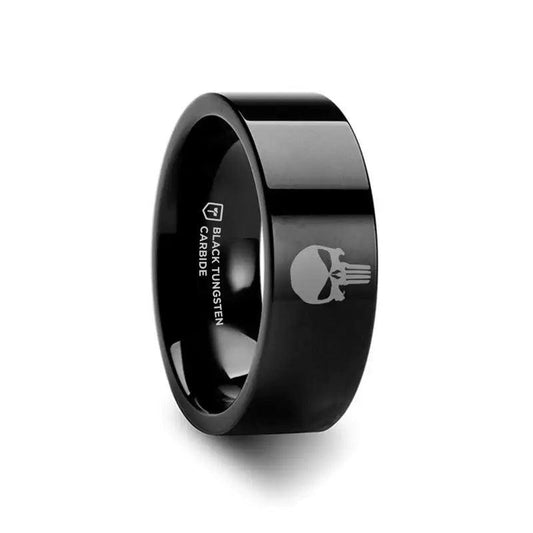 Punisher Symbol Super Hero Black Tungsten Engraved Ring Jewelry - 2mm - 12mm