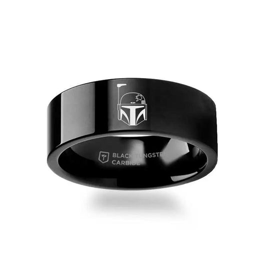 Boba Fett Helmet Symbol Star Wars Polished Black Tungsten Engraved Ring Jewelry - 2mm - 12mm