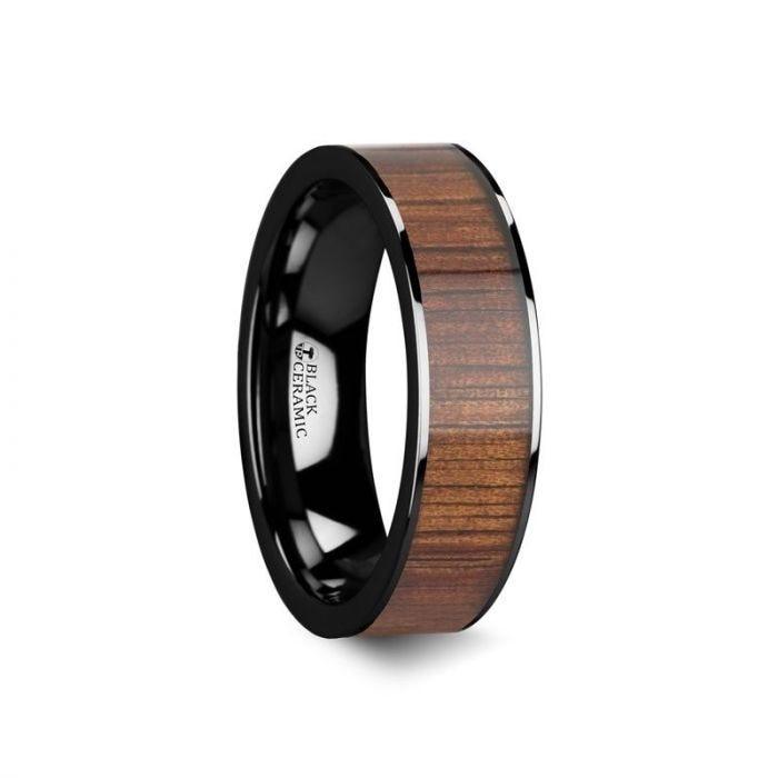 ATREUS Polished Black Ceramic Flat Wedding Band with Koa Wood Inlay - 6mm - 10mm