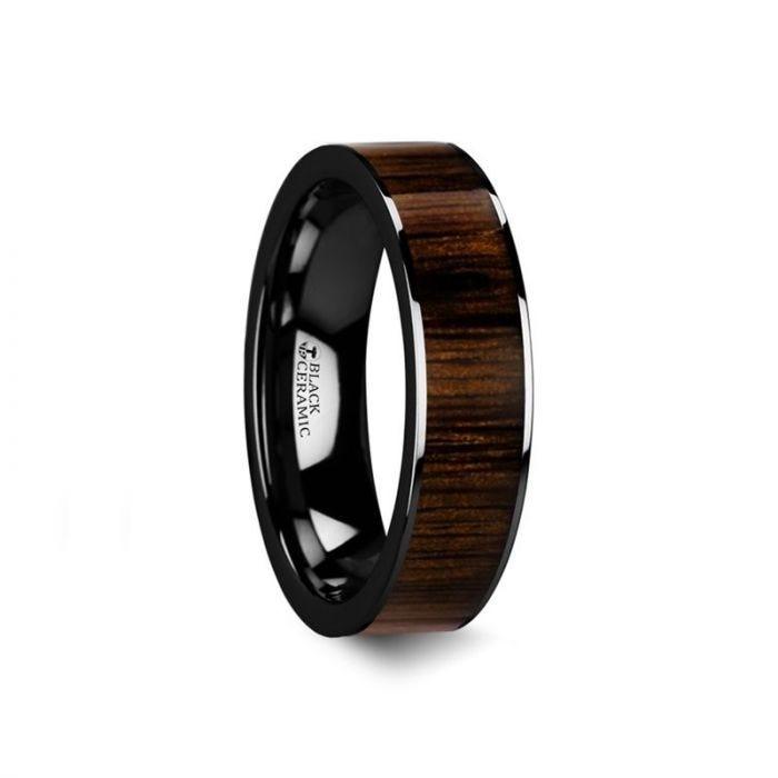 KENDO Black Ceramic Polished Finish Ring with Black Walnut Wood Inlay - 6mm - 10mm