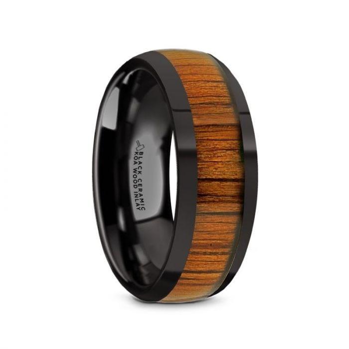 LINDEN Black Ceramic Polished Finish Men’s Domed Wedding Band with Koa Wood Inlay - 8mm