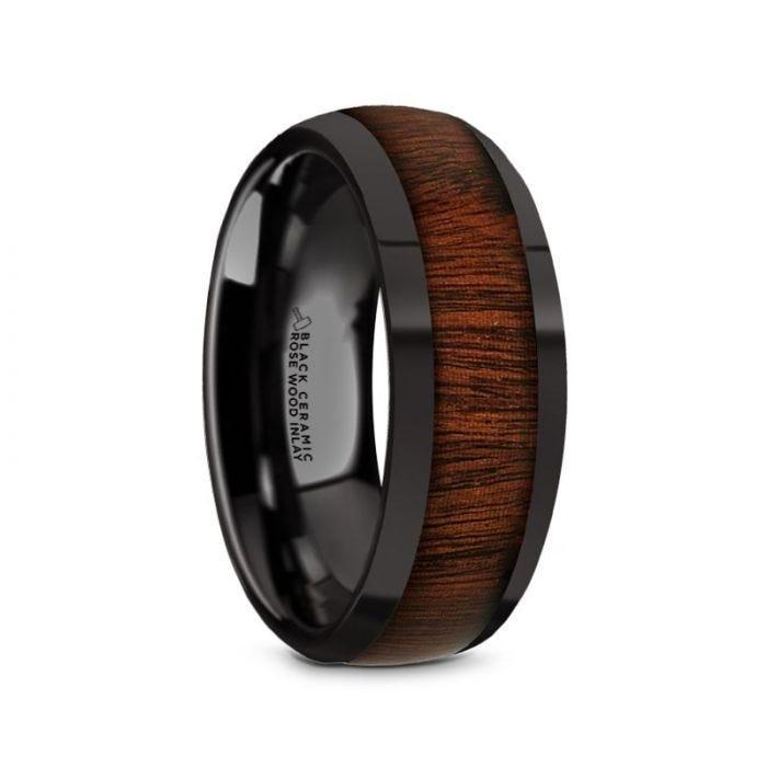 ROSAE Black Ceramic Domed Profile Polished Finish Men’s Wedding Band with Rose Wood Inlay - 8mm