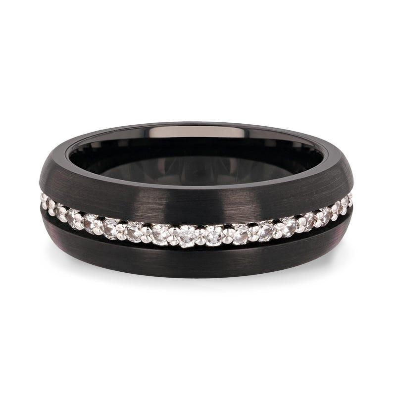 TSAR Black Tungsten Carbide Ring Domed Brushed Finish with White Sapphires - 8mm