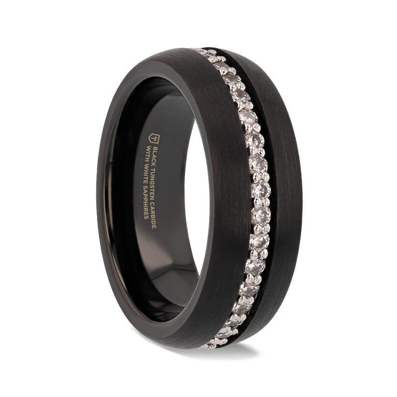 TSAR Black Tungsten Carbide Ring Domed Brushed Finish with White Sapphires - 8mm