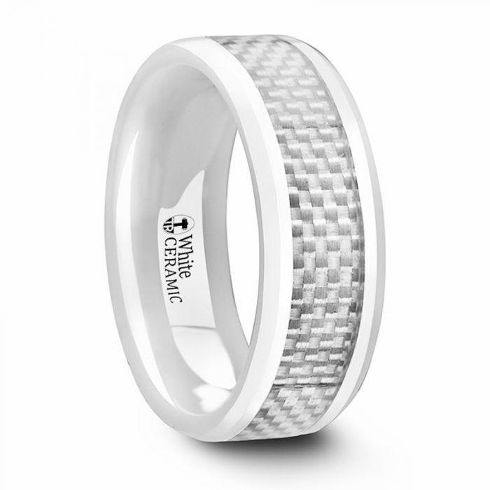 KENYON Beveled Polished White Ceramic Wedding Band with White Carbon Fiber Inlay – 8mm