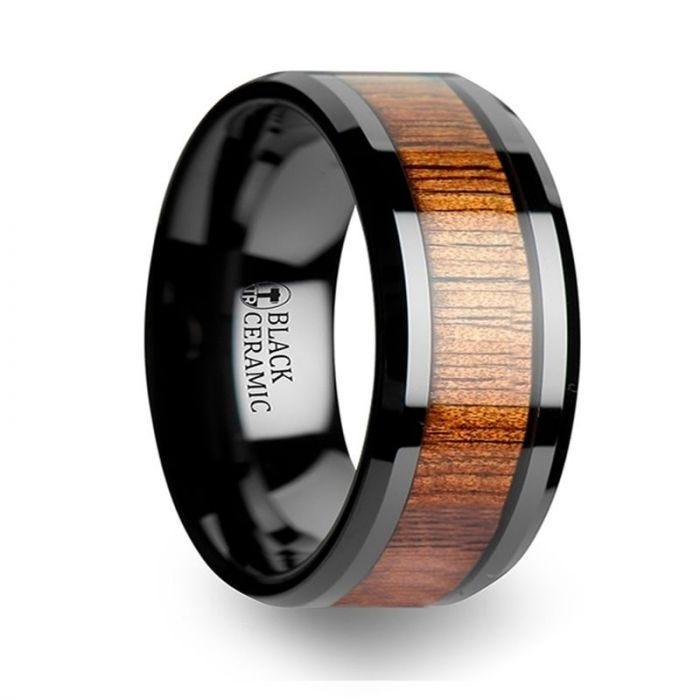 ACACIA Koa Wood Inlaid Black Ceramic Ring with Bevels - 4mm - 12mm